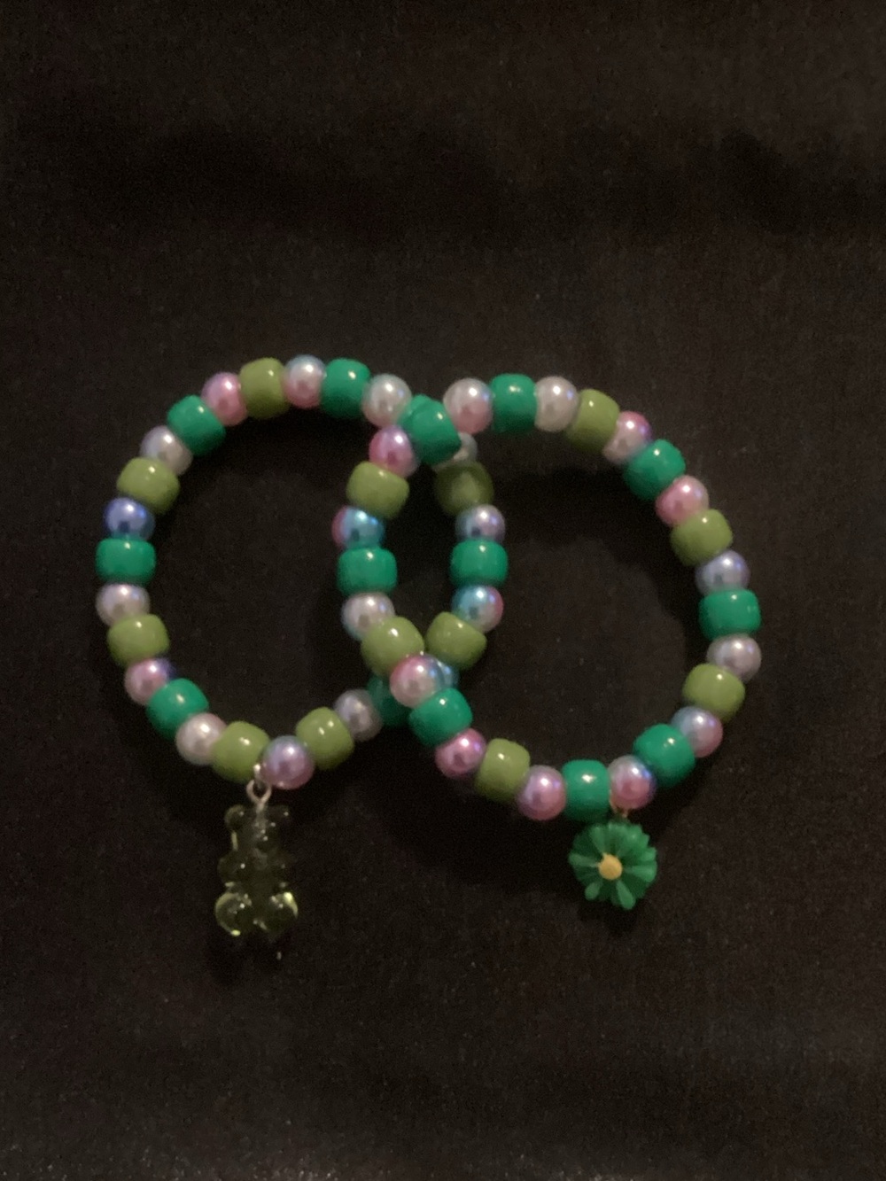 Handmade Beaded Stretch Bracelet Set - Green, Lilac, Pearl